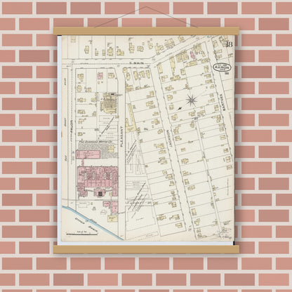 Old map wall art mockup — magnetic wood frame on brick wall — Sanborn Fire Insurance Map from Akron, Summit County, Ohio (1886), Sheet #0018