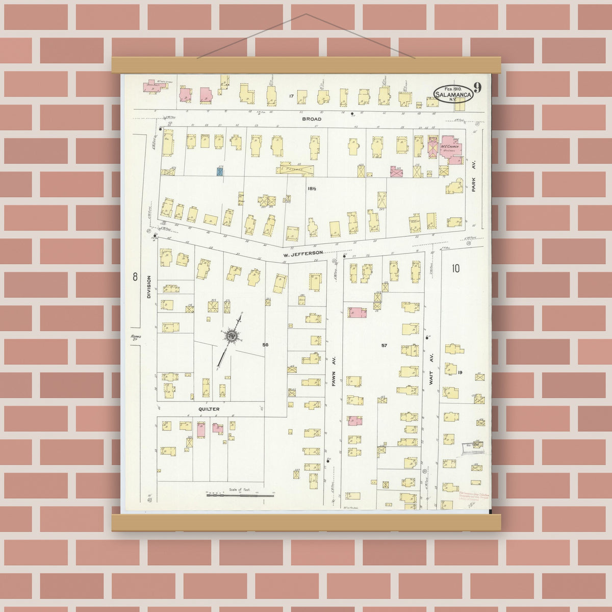Old map wall art mockup — magnetic wood frame on brick wall — Sanborn Fire Insurance Map from Salamanca, Cattaraugus County, New York (1910), Sheet #0009