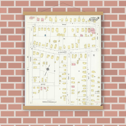 Old map wall art mockup — magnetic wood frame on brick wall — Sanborn Fire Insurance Map from Salamanca, Cattaraugus County, New York (1910), Sheet #0009
