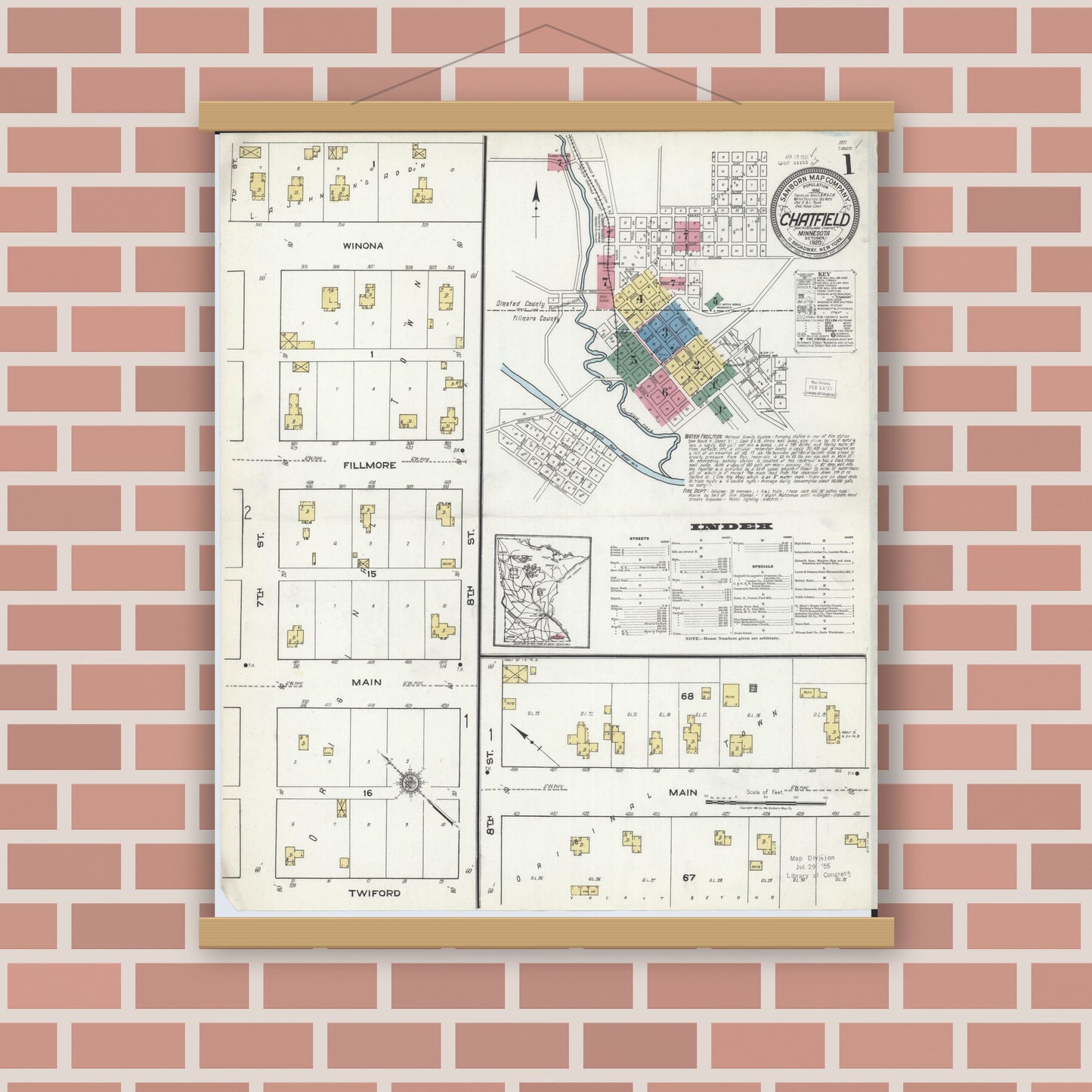 Old map wall art mockup — magnetic wood frame on brick wall — Sanborn Fire Insurance Map from Chatfield, Fillmore And Olmsted Counties, Minnesota (1920), Sheet #0001