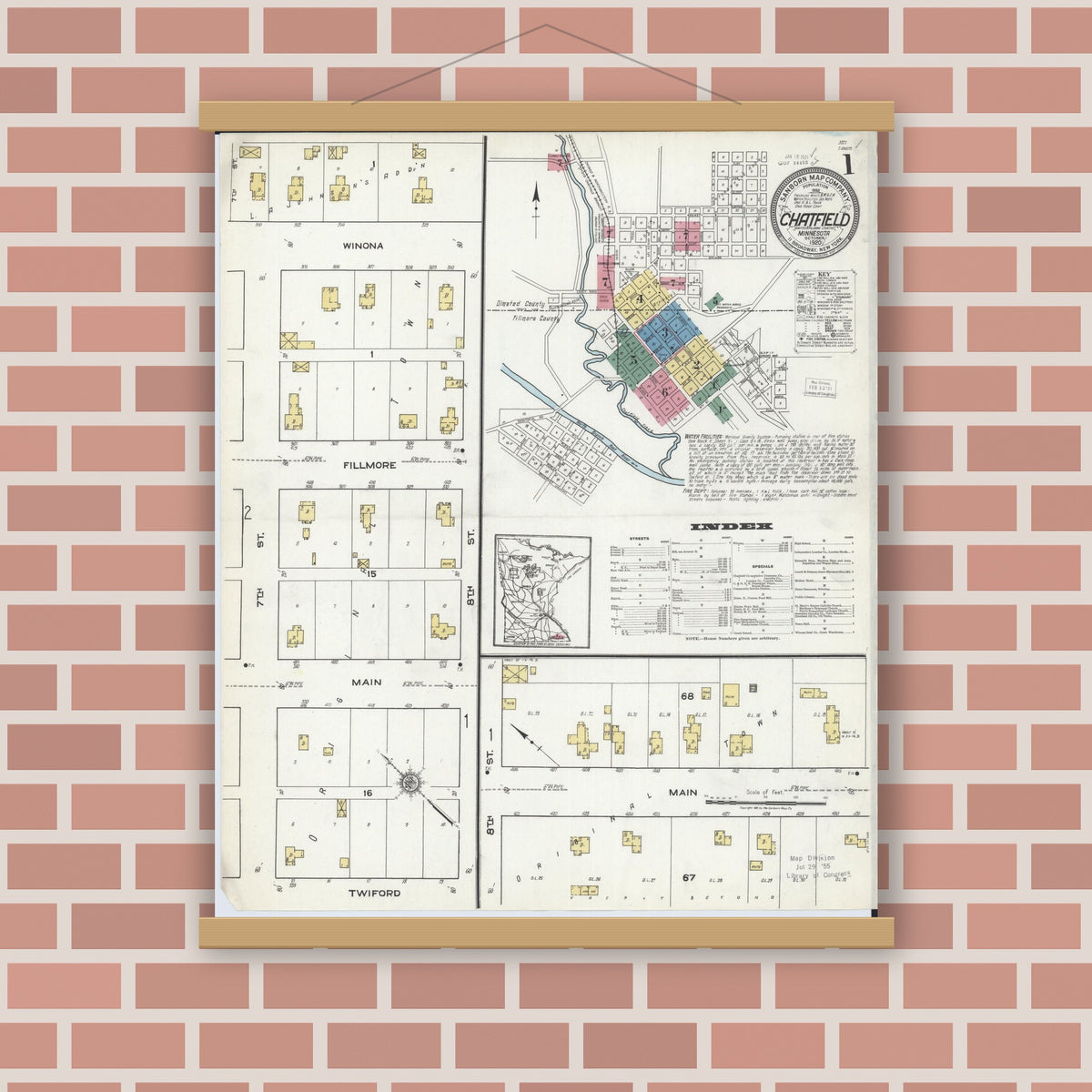 Old map wall art mockup — magnetic wood frame on brick wall — Sanborn Fire Insurance Map from Chatfield, Fillmore And Olmsted Counties, Minnesota (1920), Sheet #0001