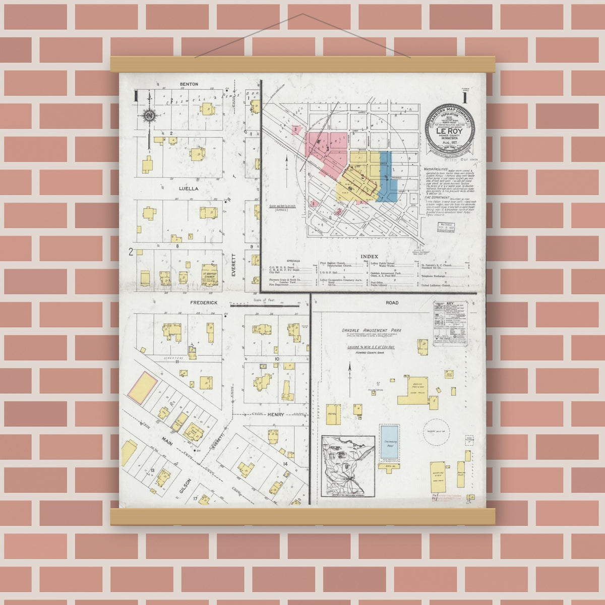 Old map wall art mockup — magnetic wood frame on brick wall — Sanborn Fire Insurance Map from Le Roy, Mower County, Minnesota (1927), Sheet #0001
