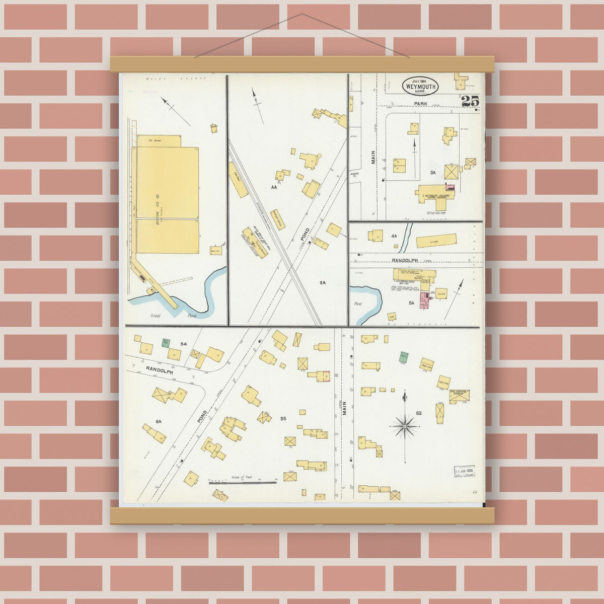 Old map wall art mockup — magnetic wood frame on brick wall — Sanborn Fire Insurance Map from Weymouth, Norfolk County, Massachusetts (1904), Sheet #0025