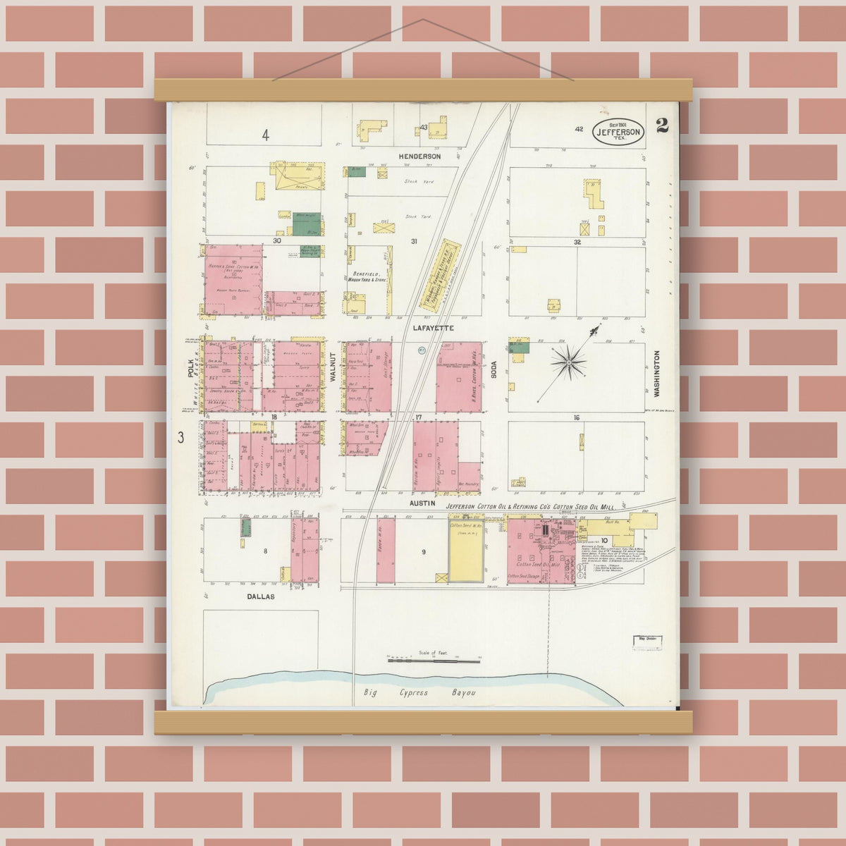Old map wall art mockup — magnetic wood frame on brick wall — Sanborn Fire Insurance Map from Jefferson, Marion County, Texas (1901), Sheet #0002