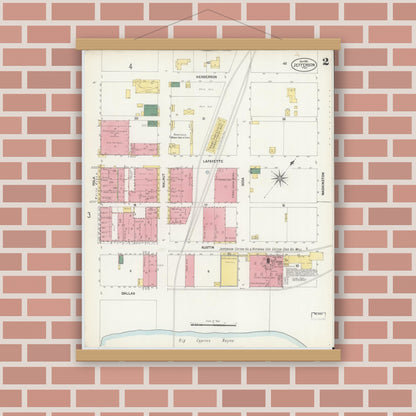 Old map wall art mockup — magnetic wood frame on brick wall — Sanborn Fire Insurance Map from Jefferson, Marion County, Texas (1901), Sheet #0002