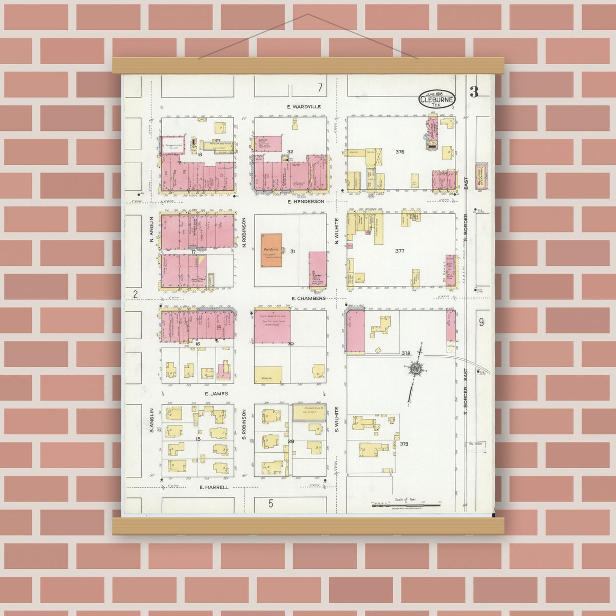 Old map wall art mockup — magnetic wood frame on brick wall — Sanborn Fire Insurance Map from Cleburne, Johnson County, Texas (1918), Sheet #0003