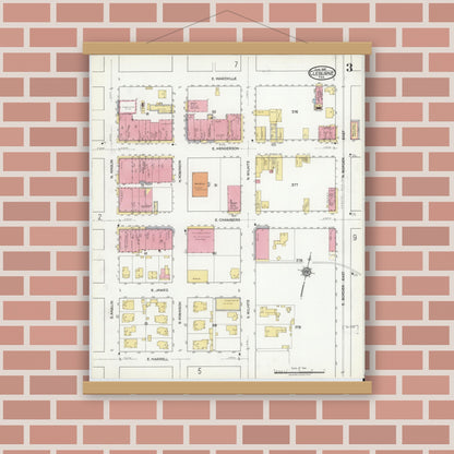 Old map wall art mockup — magnetic wood frame on brick wall — Sanborn Fire Insurance Map from Cleburne, Johnson County, Texas (1918), Sheet #0003