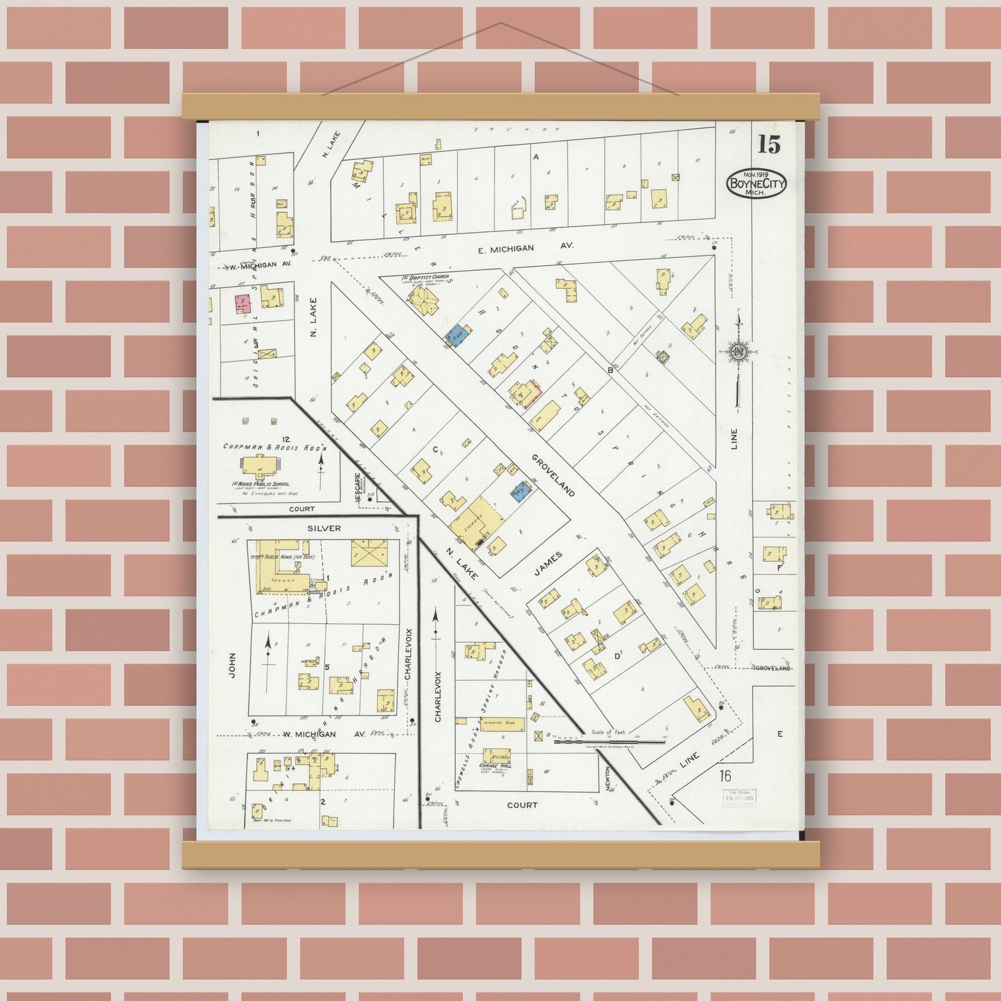 Old map wall art mockup — magnetic wood frame on brick wall — Sanborn Fire Insurance Map from Boyne City, Charlevoix County, Michigan (1919), Sheet #0015