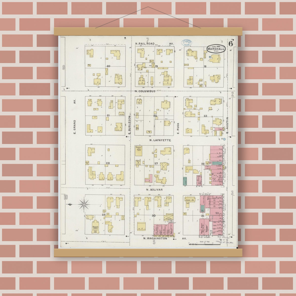 Old map wall art mockup — magnetic wood frame on brick wall — Sanborn Fire Insurance Map from Marshall, Harrison County, Texas (1894), Sheet #0006
