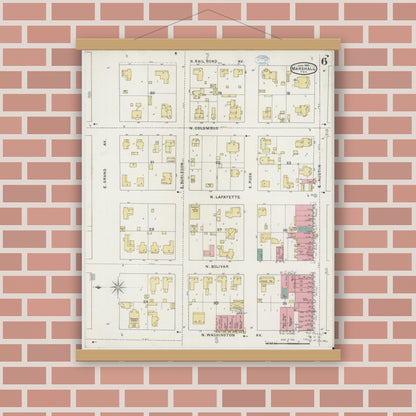 Old map wall art mockup — magnetic wood frame on brick wall — Sanborn Fire Insurance Map from Marshall, Harrison County, Texas (1894), Sheet #0006