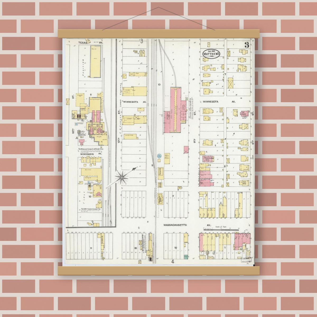 Old map wall art mockup — magnetic wood frame on brick wall — Sanborn Fire Insurance Map from Matthews, Grant County, Indiana (1904), Sheet #0003