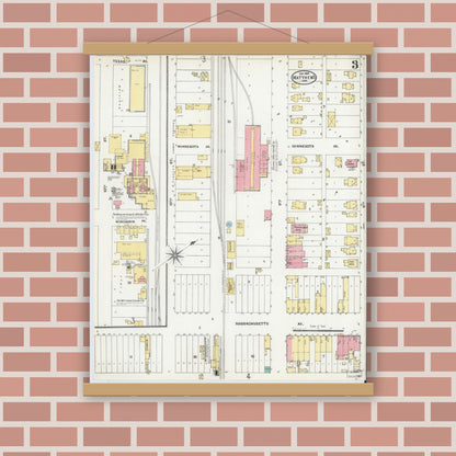 Old map wall art mockup — magnetic wood frame on brick wall — Sanborn Fire Insurance Map from Matthews, Grant County, Indiana (1904), Sheet #0003