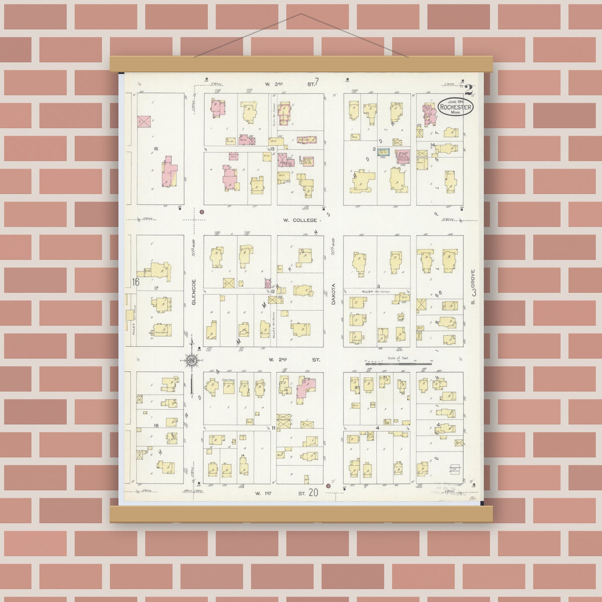 Old map wall art mockup — magnetic wood frame on brick wall — Sanborn Fire Insurance Map from Rochester, Olmsted County, Minnesota (1914), Sheet #0002