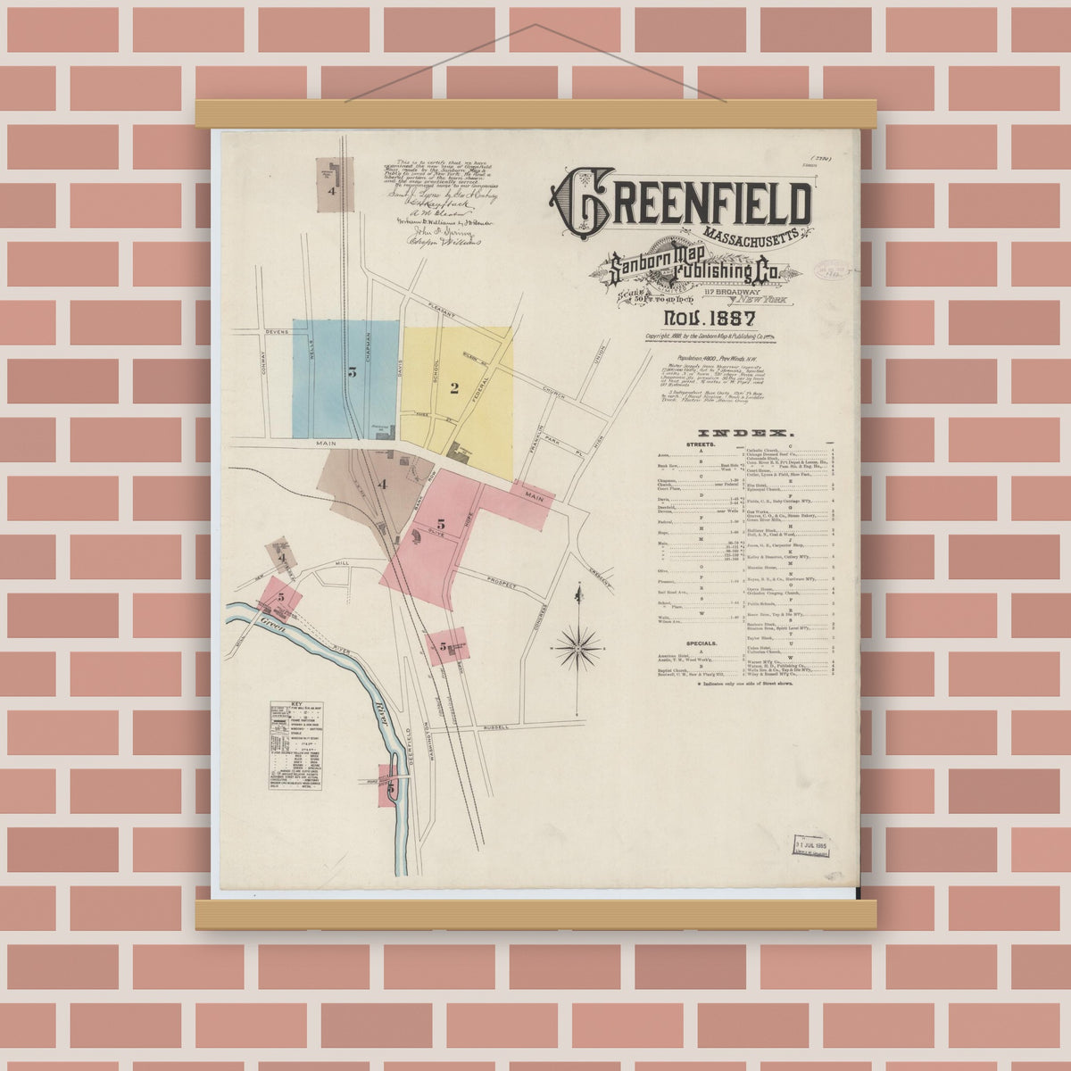 Old map wall art mockup — magnetic wood frame on brick wall — Sanborn Fire Insurance Map from Greenfield, Franklin County, Massachusetts (1887), Sheet #0001