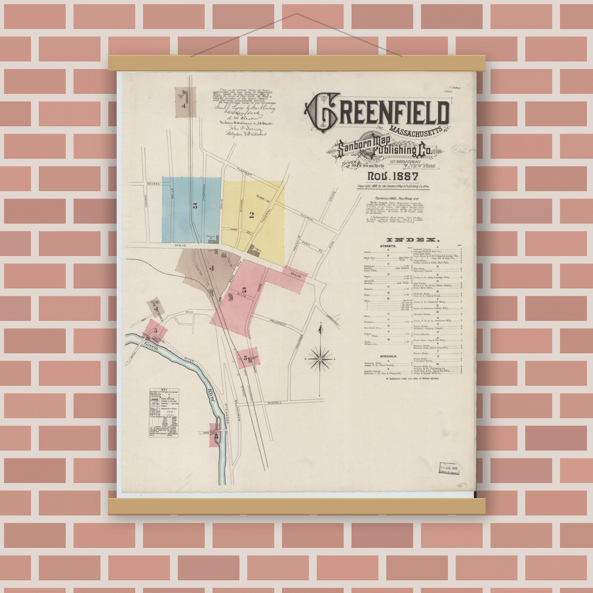 Old map wall art mockup — magnetic wood frame on brick wall — Sanborn Fire Insurance Map from Greenfield, Franklin County, Massachusetts (1887), Sheet #0001