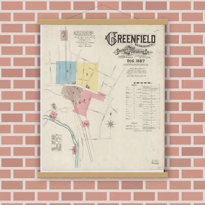 Old map wall art mockup — magnetic wood frame on brick wall — Sanborn Fire Insurance Map from Greenfield, Franklin County, Massachusetts (1887), Sheet #0001