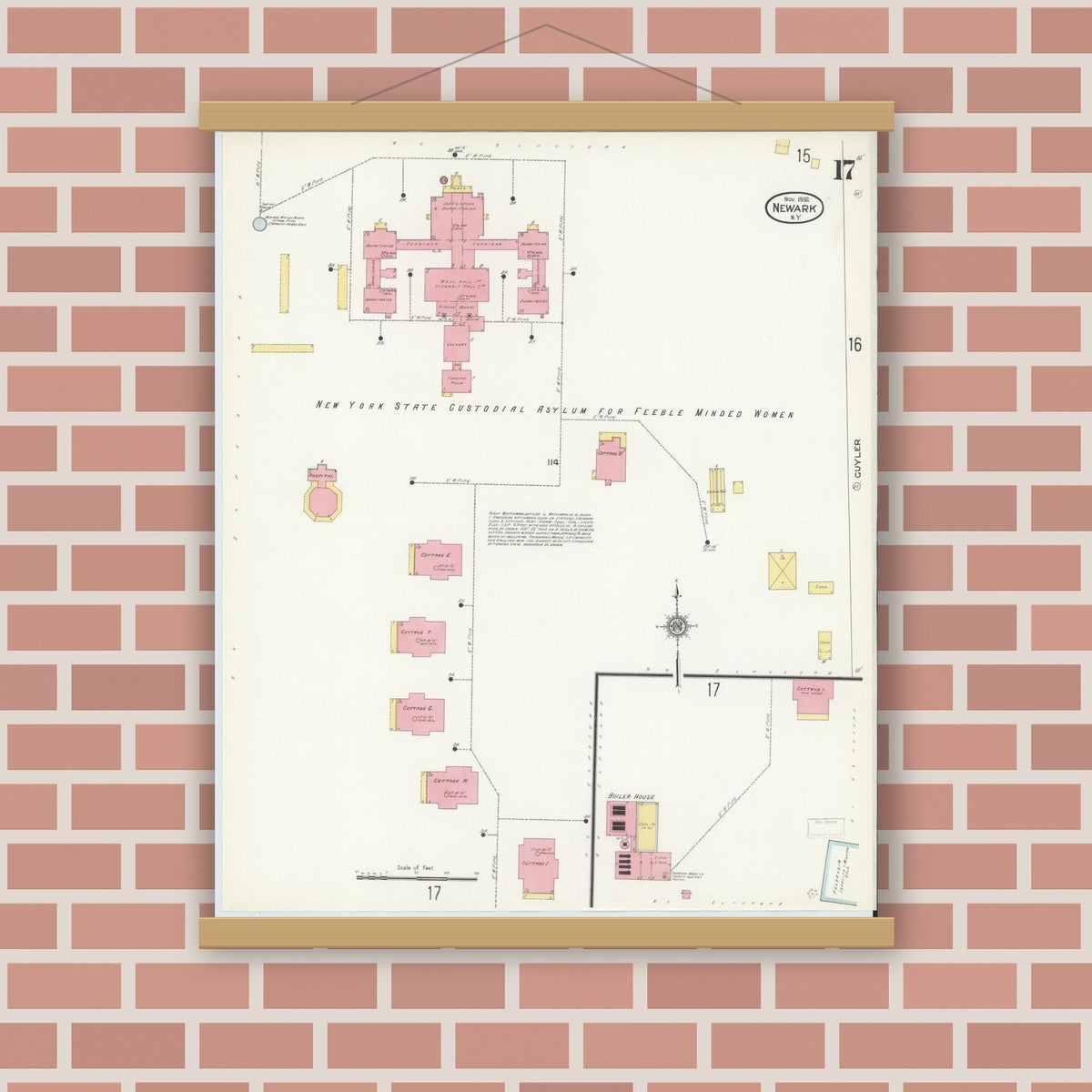 Old map wall art mockup — magnetic wood frame on brick wall — Sanborn Fire Insurance Map from Newark, Wayne County, New York (1912), Sheet #0017