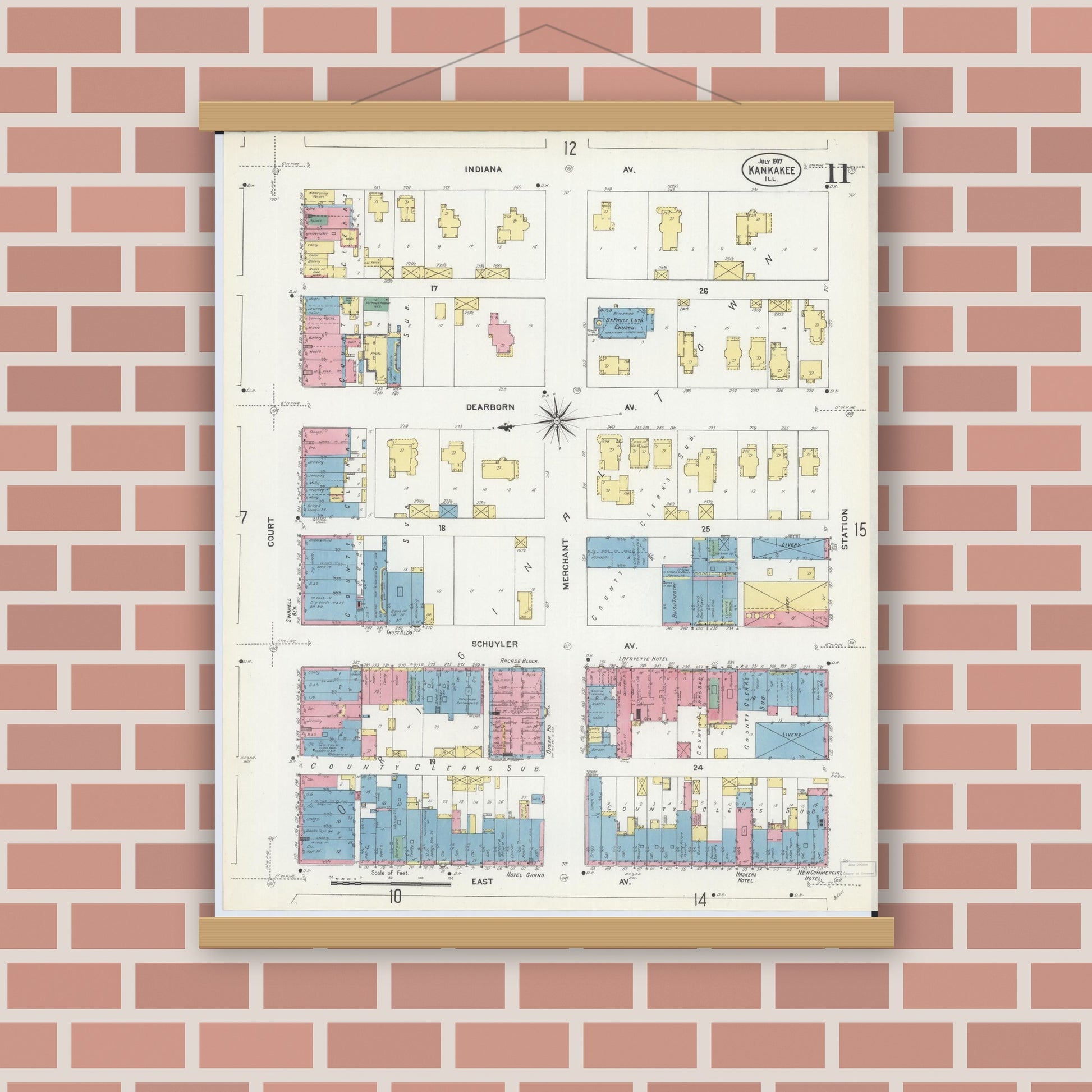 Old map wall art mockup — magnetic wood frame on brick wall — Sanborn Fire Insurance Map from Kankakee, Kankakee County, Illinois (1907), Sheet #0011
