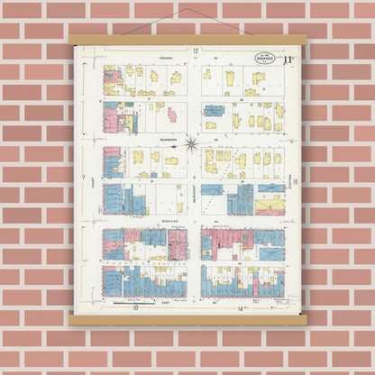 Old map wall art mockup — magnetic wood frame on brick wall — Sanborn Fire Insurance Map from Kankakee, Kankakee County, Illinois (1907), Sheet #0011