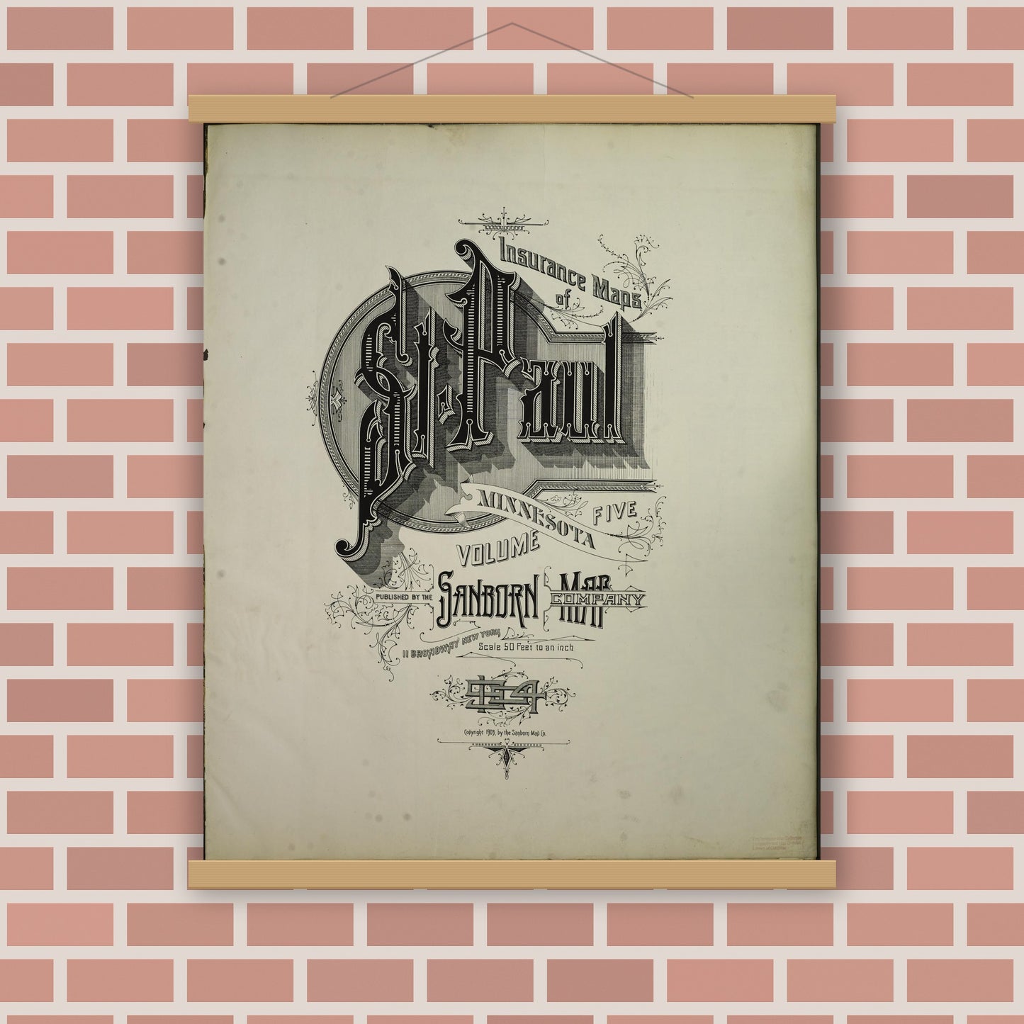 Old map wall art mockup — magnetic wood frame on brick wall — Sanborn Fire Insurance Map from Saint Paul, Ramsey County, Minnesota (1904), Sheet #0001