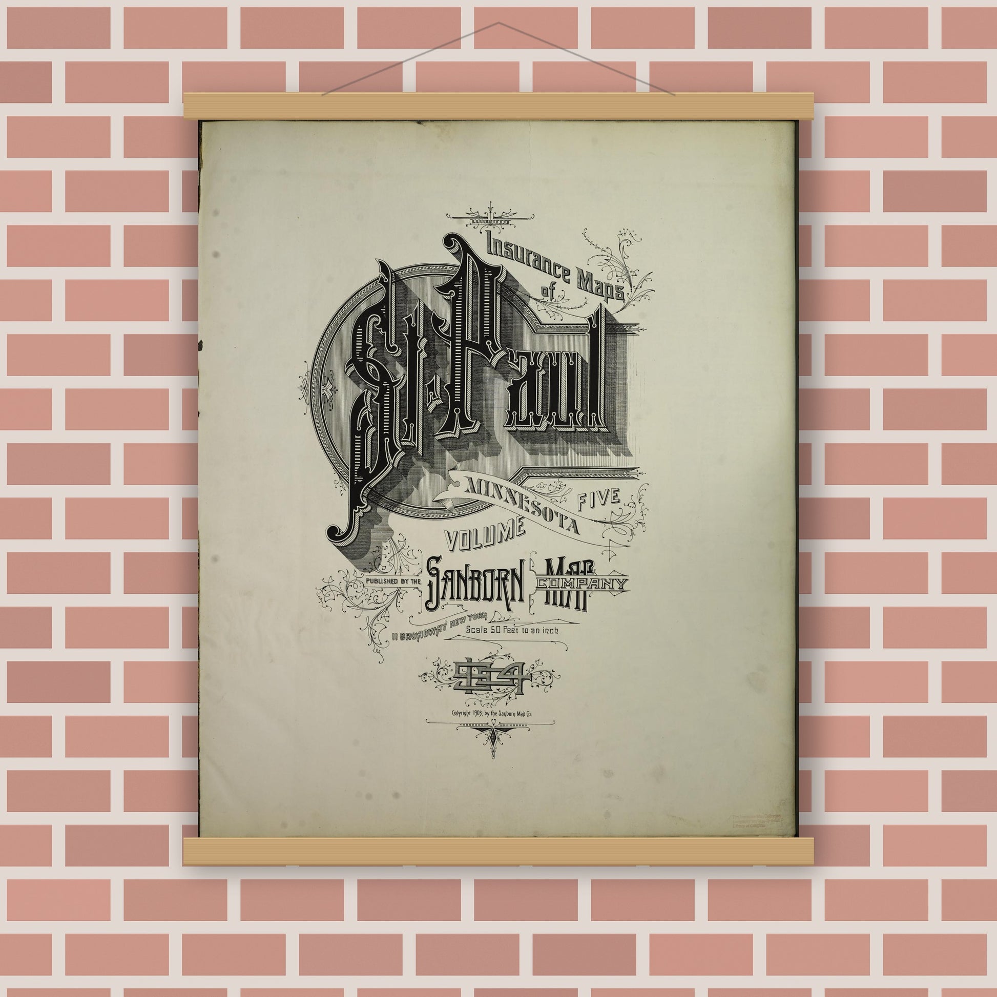 Old map wall art mockup — magnetic wood frame on brick wall — Sanborn Fire Insurance Map from Saint Paul, Ramsey County, Minnesota (1904), Sheet #0001