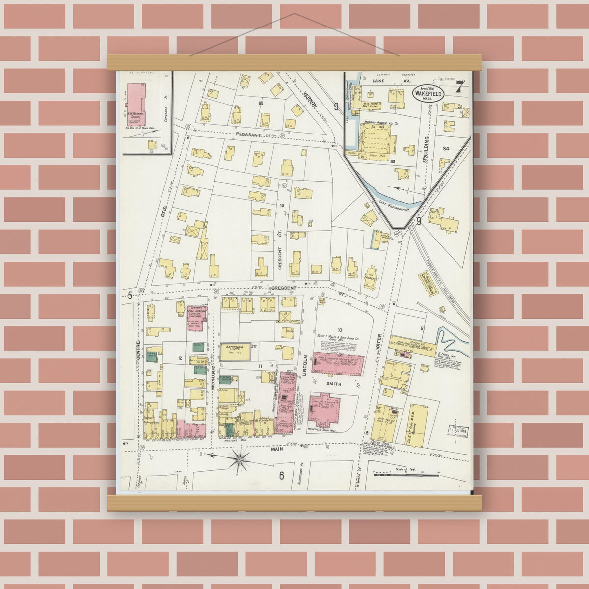Old map wall art mockup — magnetic wood frame on brick wall — Sanborn Fire Insurance Map from Wakefield, Middlesex County, Massachusetts (1903), Sheet #0007