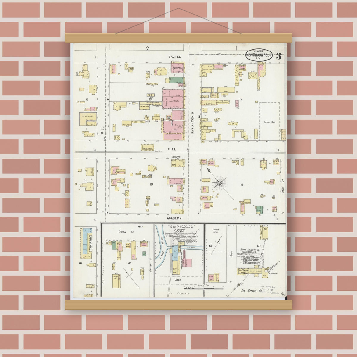 Old map wall art mockup — magnetic wood frame on brick wall — Sanborn Fire Insurance Map from New Braunfels, Comal County, Texas (1896), Sheet #0003