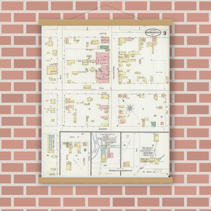 Old map wall art mockup — magnetic wood frame on brick wall — Sanborn Fire Insurance Map from New Braunfels, Comal County, Texas (1896), Sheet #0003