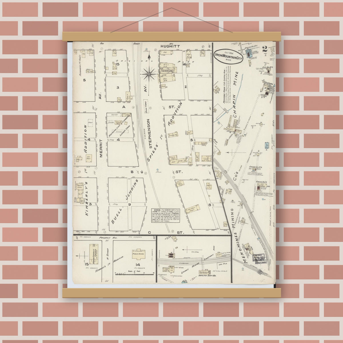 Old map wall art mockup — magnetic wood frame on brick wall — Sanborn Fire Insurance Map from Iron Mountain, Dickinson County, Michigan (1884), Sheet #0002