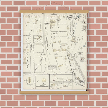 Old map wall art mockup — magnetic wood frame on brick wall — Sanborn Fire Insurance Map from Iron Mountain, Dickinson County, Michigan (1884), Sheet #0002