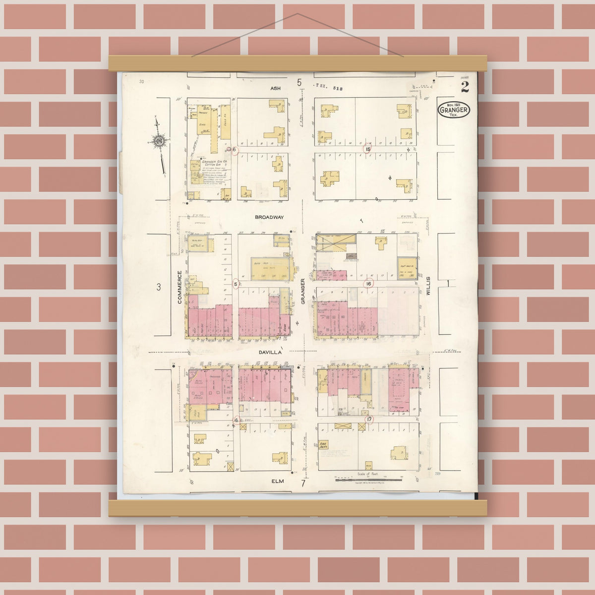 Old map wall art mockup — magnetic wood frame on brick wall — Sanborn Fire Insurance Map from Granger, Williamson County, Texas (1940), Sheet #0002
