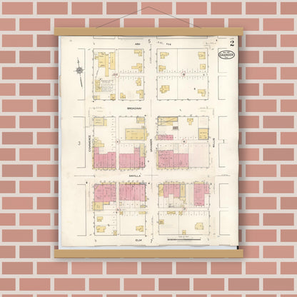 Old map wall art mockup — magnetic wood frame on brick wall — Sanborn Fire Insurance Map from Granger, Williamson County, Texas (1940), Sheet #0002