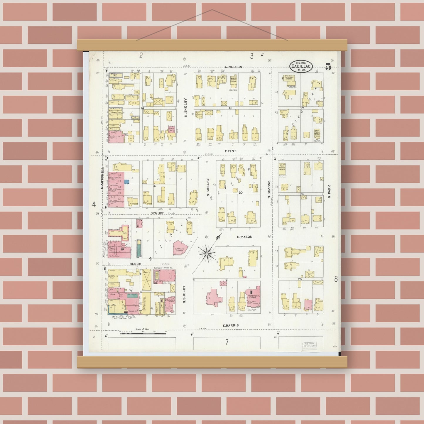 Old map wall art mockup — magnetic wood frame on brick wall — Sanborn Fire Insurance Map from Cadillac, Wexford County, Michigan (1906), Sheet #0005