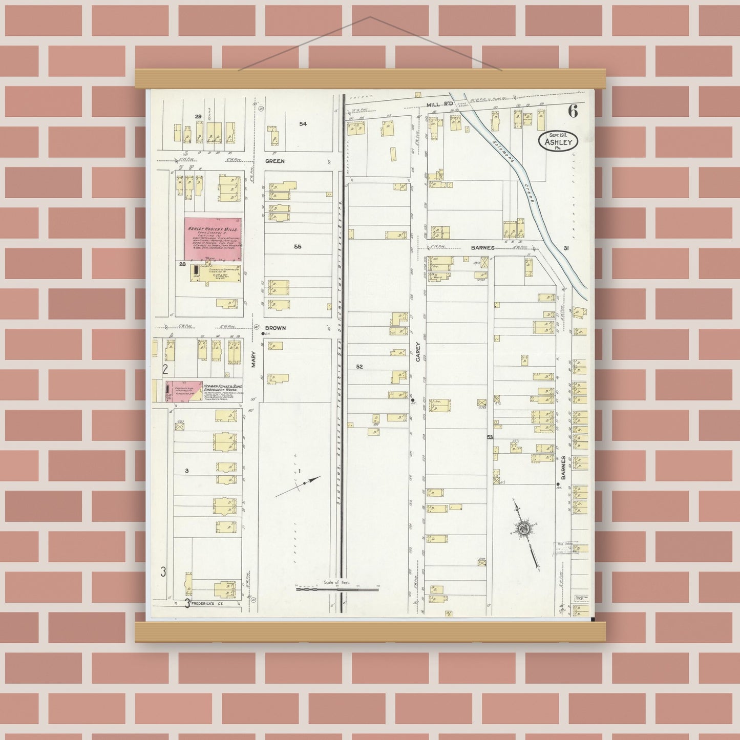 Old map wall art mockup — magnetic wood frame on brick wall — Sanborn Fire Insurance Map from Ashley, Luzerne County, Pennsylvania (1911), Sheet #0006