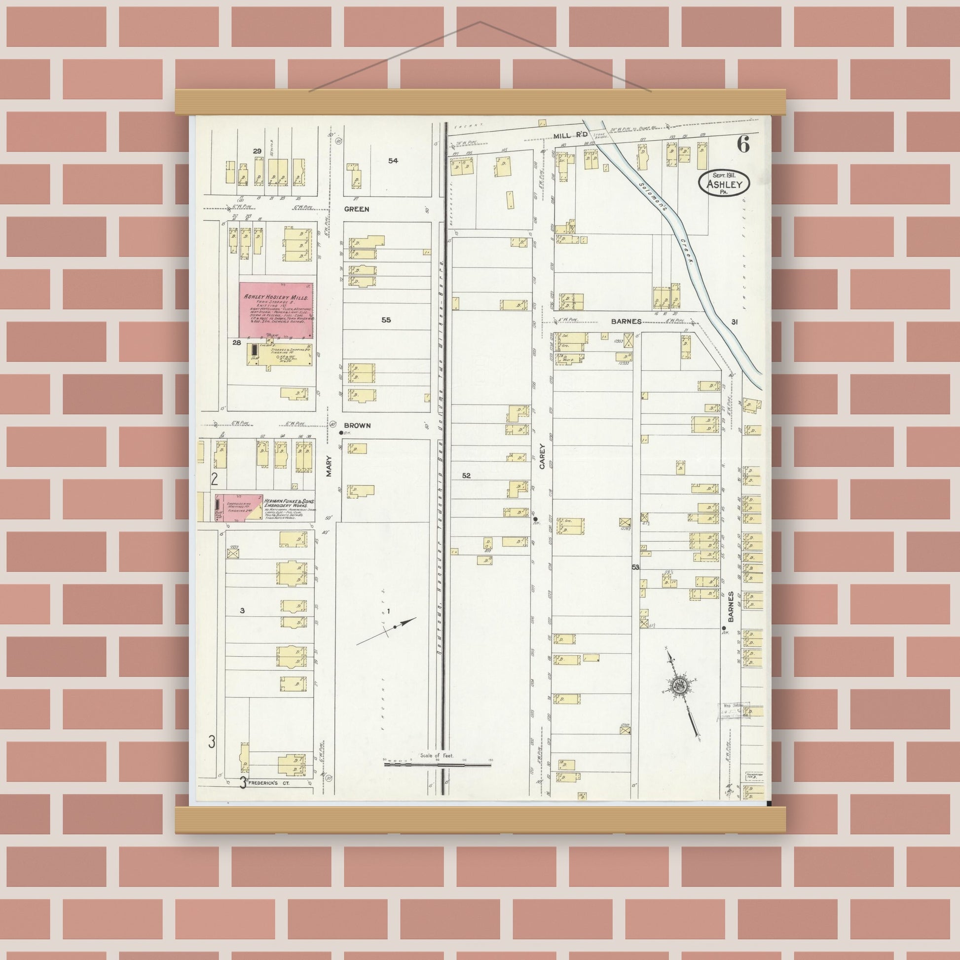 Old map wall art mockup — magnetic wood frame on brick wall — Sanborn Fire Insurance Map from Ashley, Luzerne County, Pennsylvania (1911), Sheet #0006