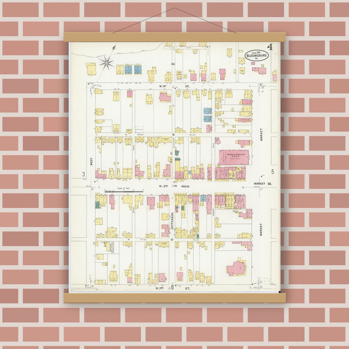 Old map wall art mockup — magnetic wood frame on brick wall — Sanborn Fire Insurance Map from Bloomsburg, Columbia County, Pennsylvania (1907), Sheet #0004