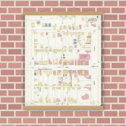 Old map wall art mockup — magnetic wood frame on brick wall — Sanborn Fire Insurance Map from Bloomsburg, Columbia County, Pennsylvania (1907), Sheet #0004