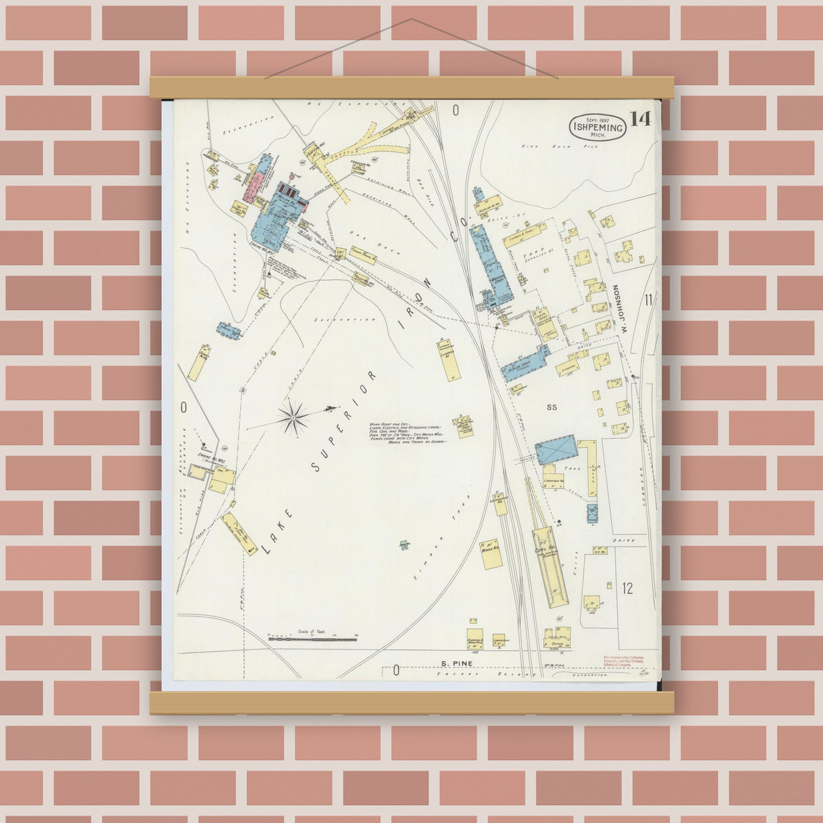 Old map wall art mockup — magnetic wood frame on brick wall — Sanborn Fire Insurance Map from Ishpeming, Marquette County, Michigan (1897), Sheet #0014