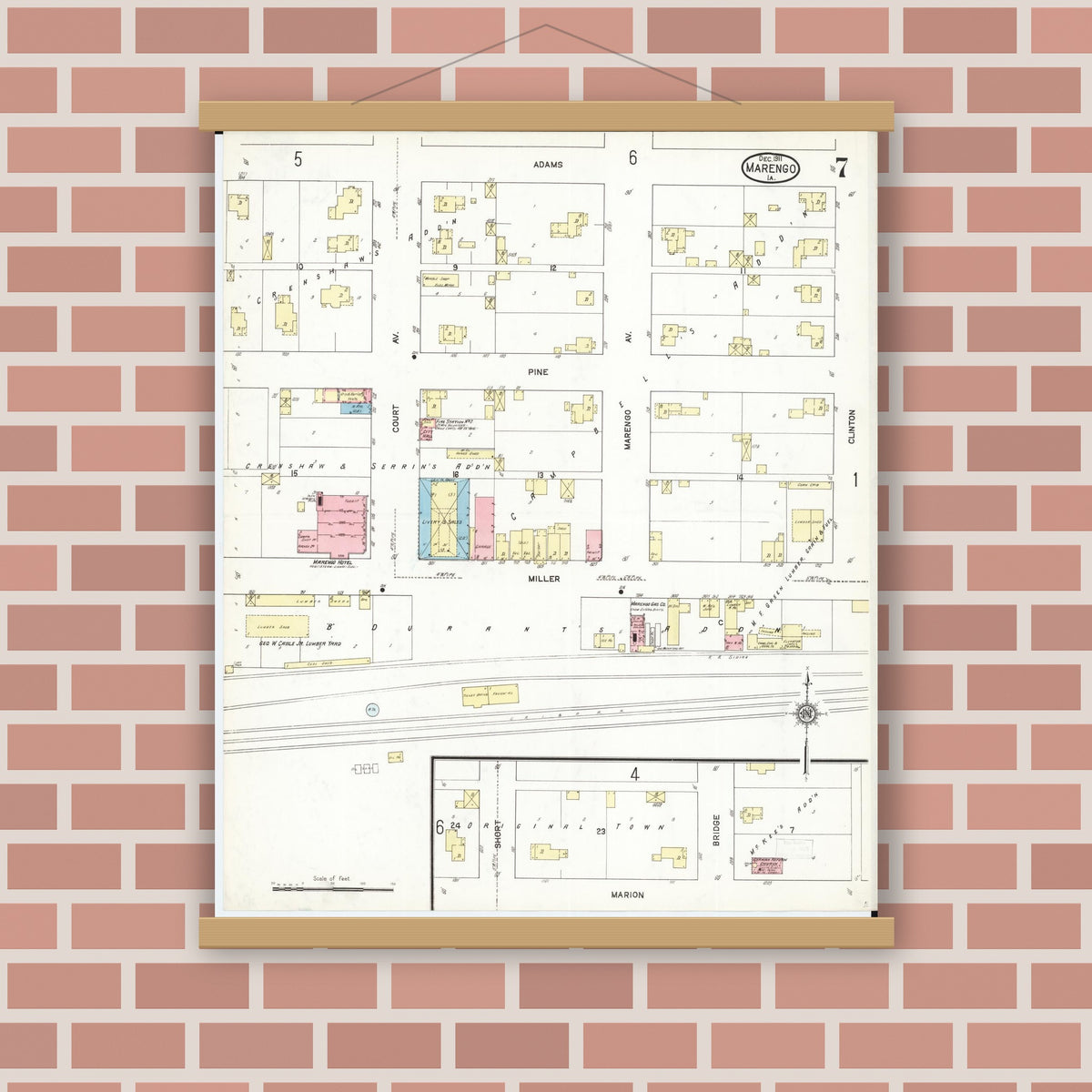 Old map wall art mockup — magnetic wood frame on brick wall — Sanborn Fire Insurance Map from Marengo, Iowa County, Iowa (1911), Sheet #0007