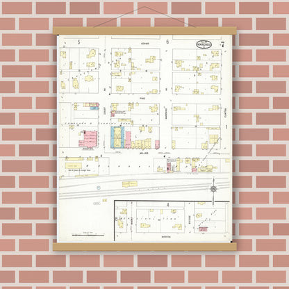 Old map wall art mockup — magnetic wood frame on brick wall — Sanborn Fire Insurance Map from Marengo, Iowa County, Iowa (1911), Sheet #0007