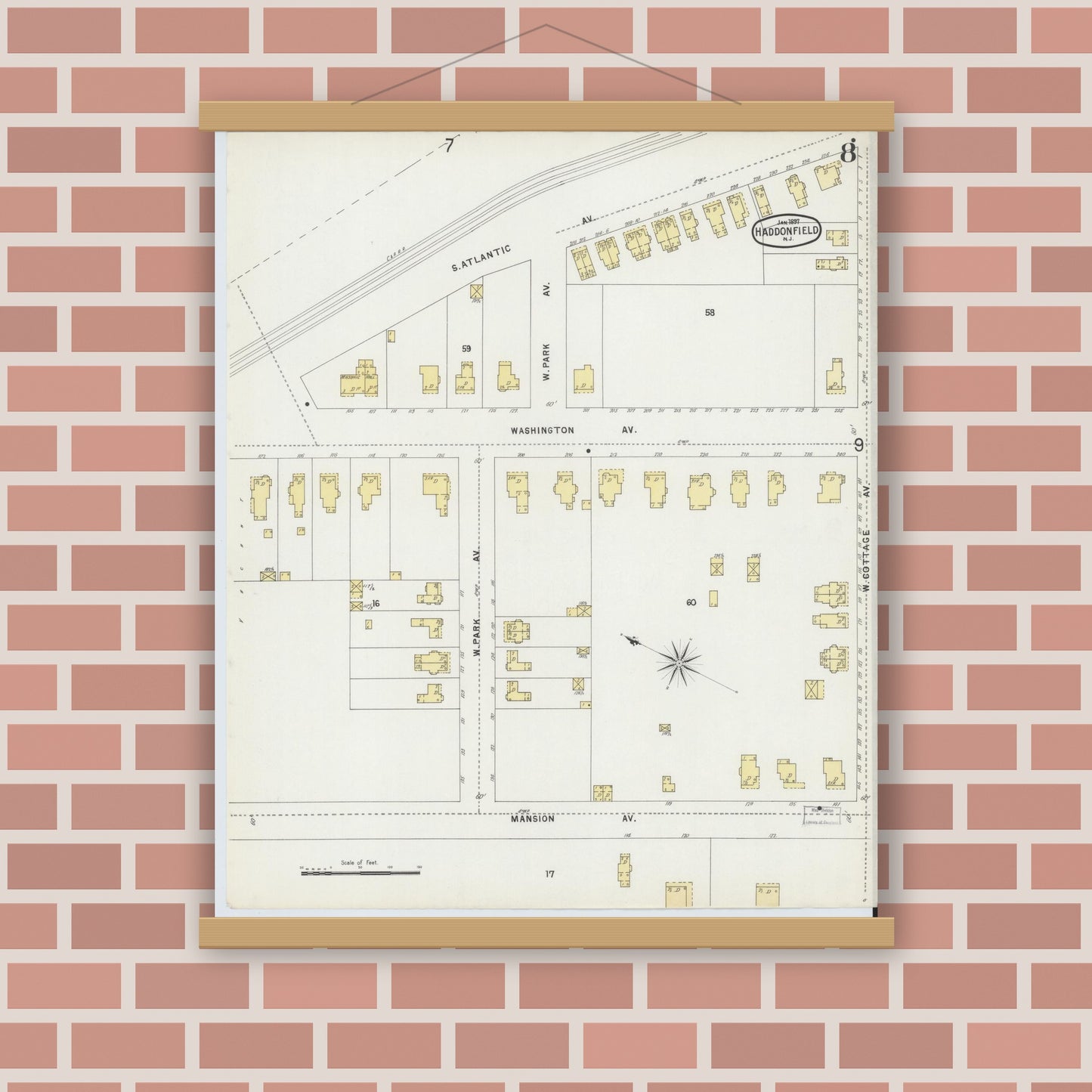 Old map wall art mockup — magnetic wood frame on brick wall — Sanborn Fire Insurance Map from Haddonfield, Camden County, New Jersey (1897), Sheet #0008