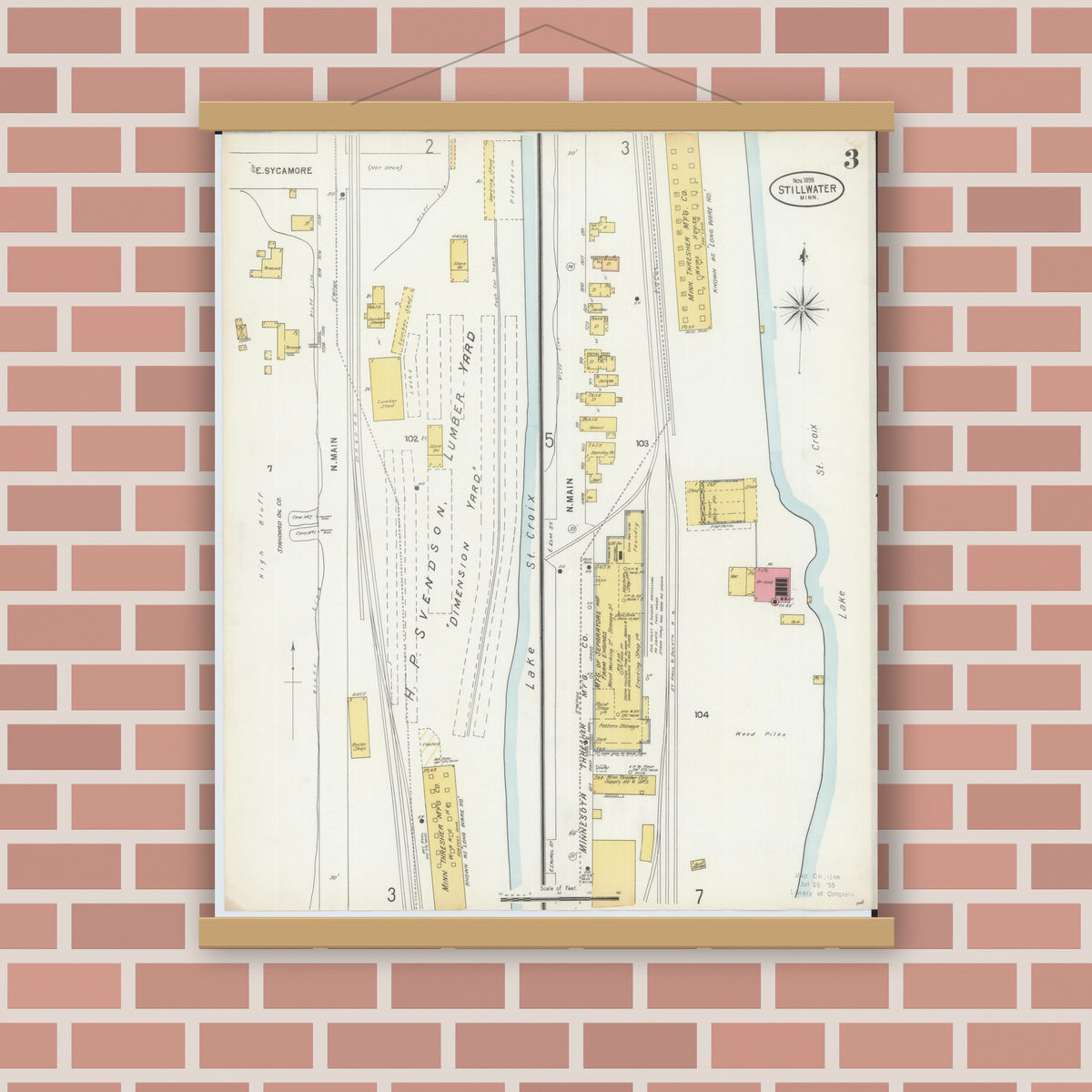 Old map wall art mockup — magnetic wood frame on brick wall — Sanborn Fire Insurance Map from Stillwater, Washington County, Minnesota (1898), Sheet #0003