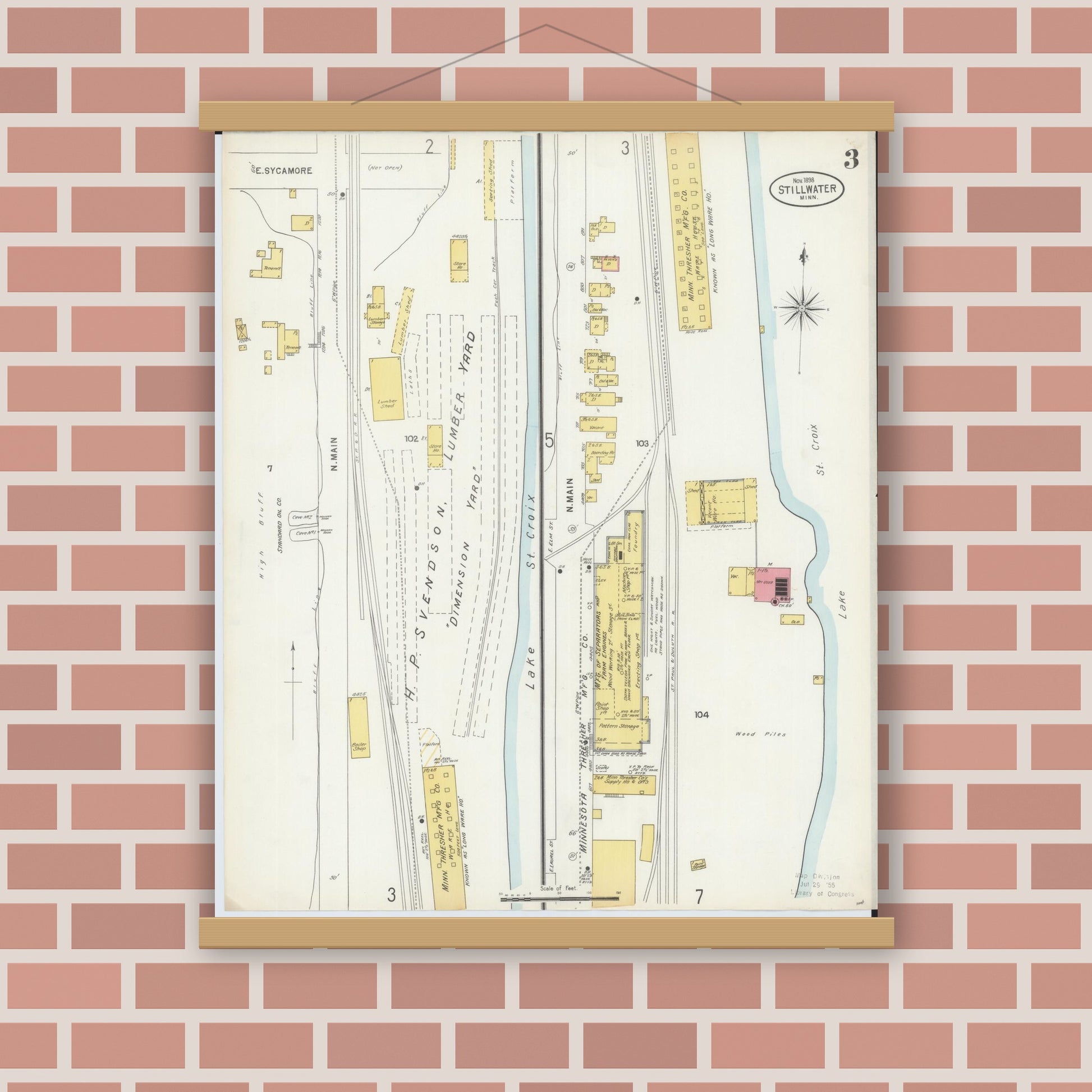 Old map wall art mockup — magnetic wood frame on brick wall — Sanborn Fire Insurance Map from Stillwater, Washington County, Minnesota (1898), Sheet #0003