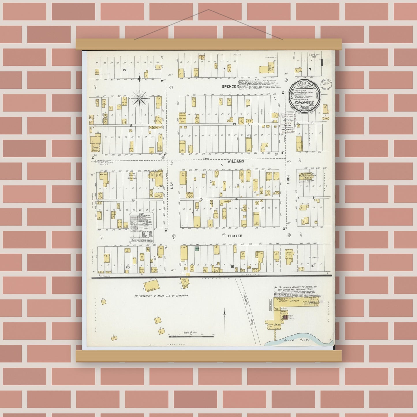 Old map wall art mockup — magnetic wood frame on brick wall — Sanborn Fire Insurance Map from Stambaugh, Iron County, Michigan (1900), Sheet #0001