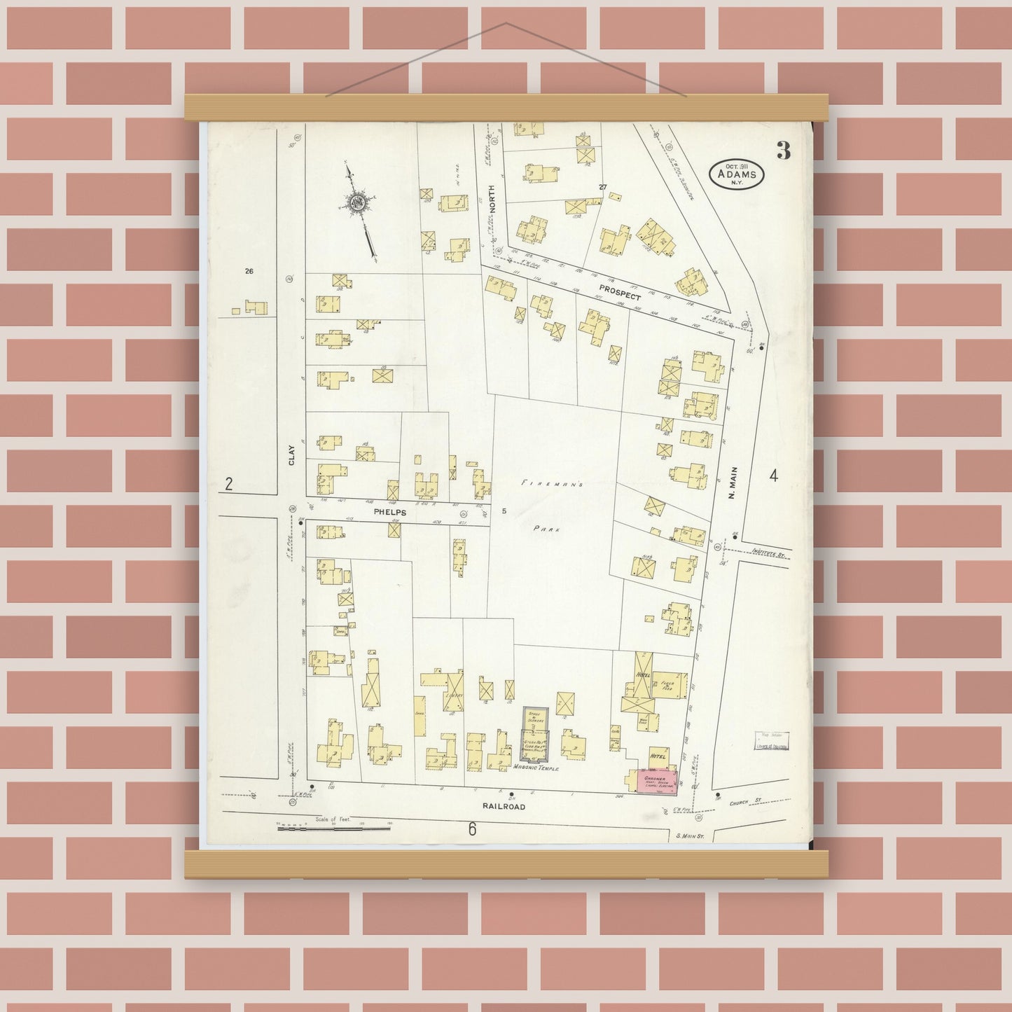 Old map wall art mockup — magnetic wood frame on brick wall — Sanborn Fire Insurance Map from Adams, Jefferson County, New York (1911), Sheet #0003