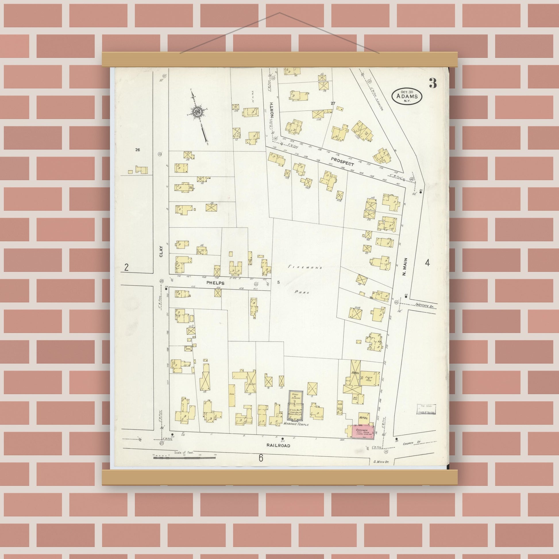Old map wall art mockup — magnetic wood frame on brick wall — Sanborn Fire Insurance Map from Adams, Jefferson County, New York (1911), Sheet #0003