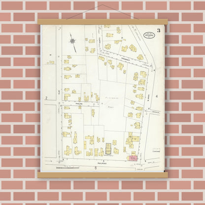 Old map wall art mockup — magnetic wood frame on brick wall — Sanborn Fire Insurance Map from Adams, Jefferson County, New York (1911), Sheet #0003