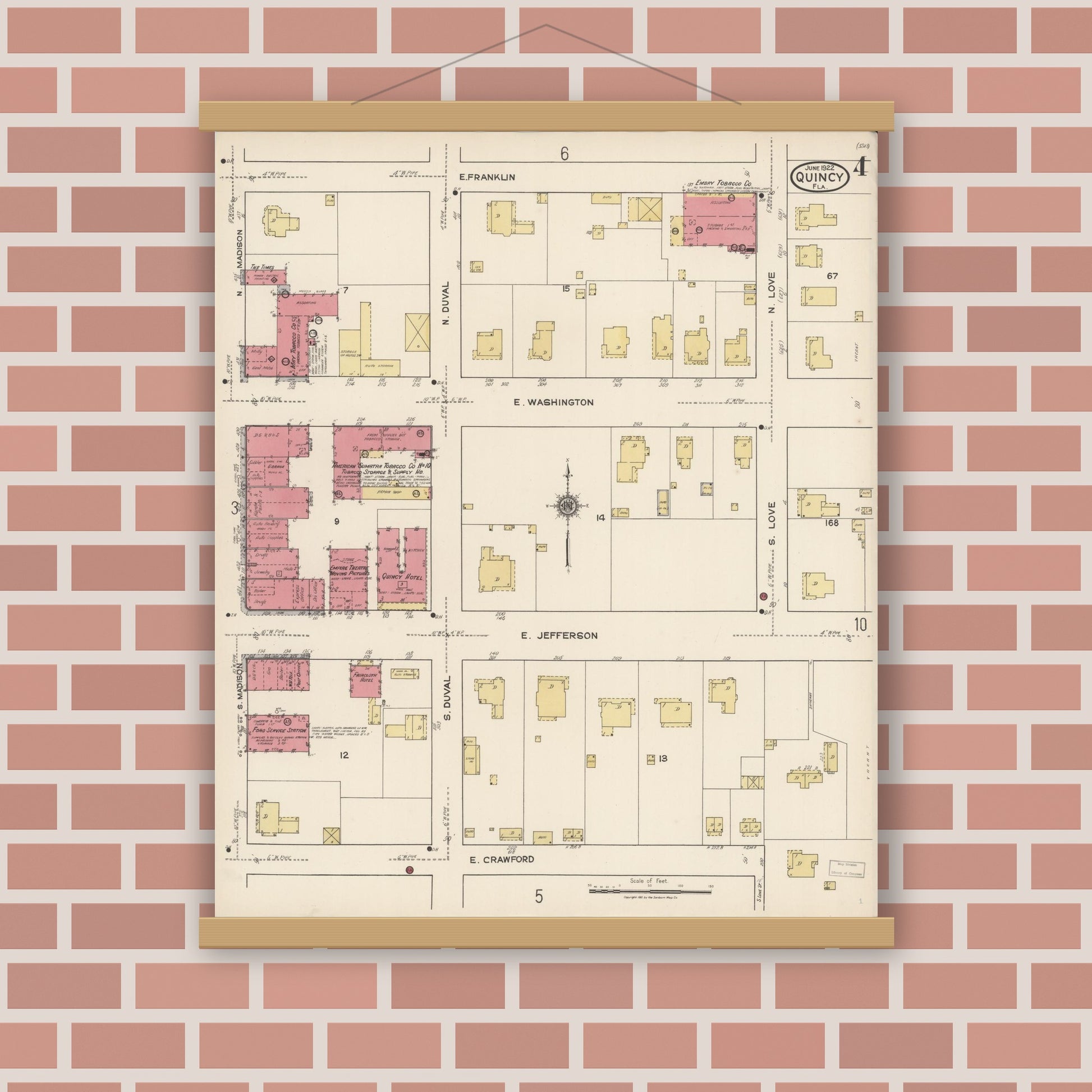 Old map wall art mockup — magnetic wood frame on brick wall — Sanborn Fire Insurance Map from Quincy, Gadsden County, Florida (1922), Sheet #0004