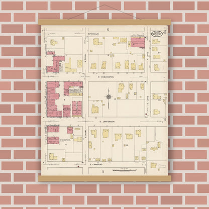 Old map wall art mockup — magnetic wood frame on brick wall — Sanborn Fire Insurance Map from Quincy, Gadsden County, Florida (1922), Sheet #0004