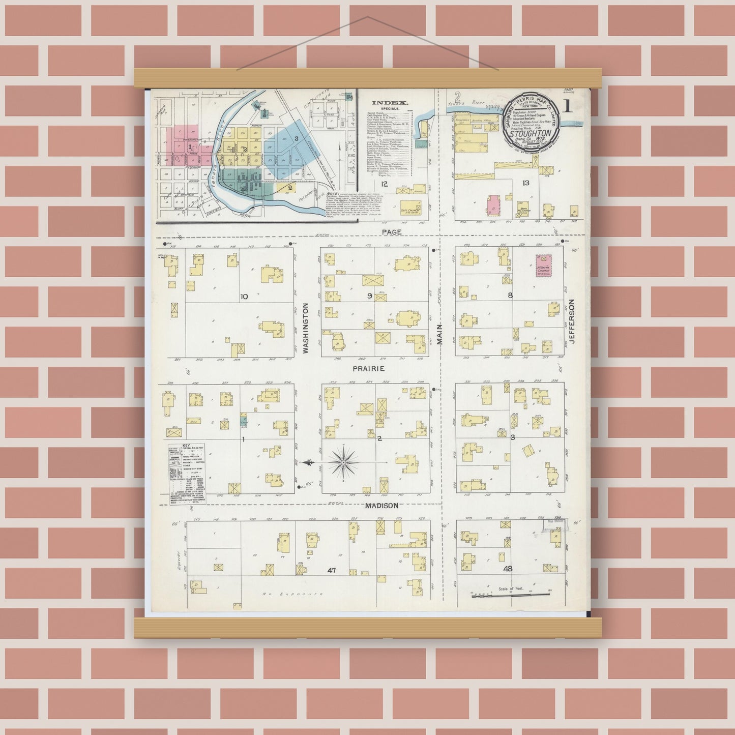 Old map wall art mockup — magnetic wood frame on brick wall — Sanborn Fire Insurance Map from Stoughton, Dane County, Wisconsin (1892), Sheet #0001